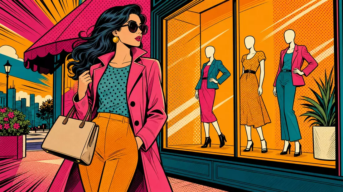 Pop-Art-Comic-Illustration einer Frau mit Handtasche vor einem Boutique-Schaufenster