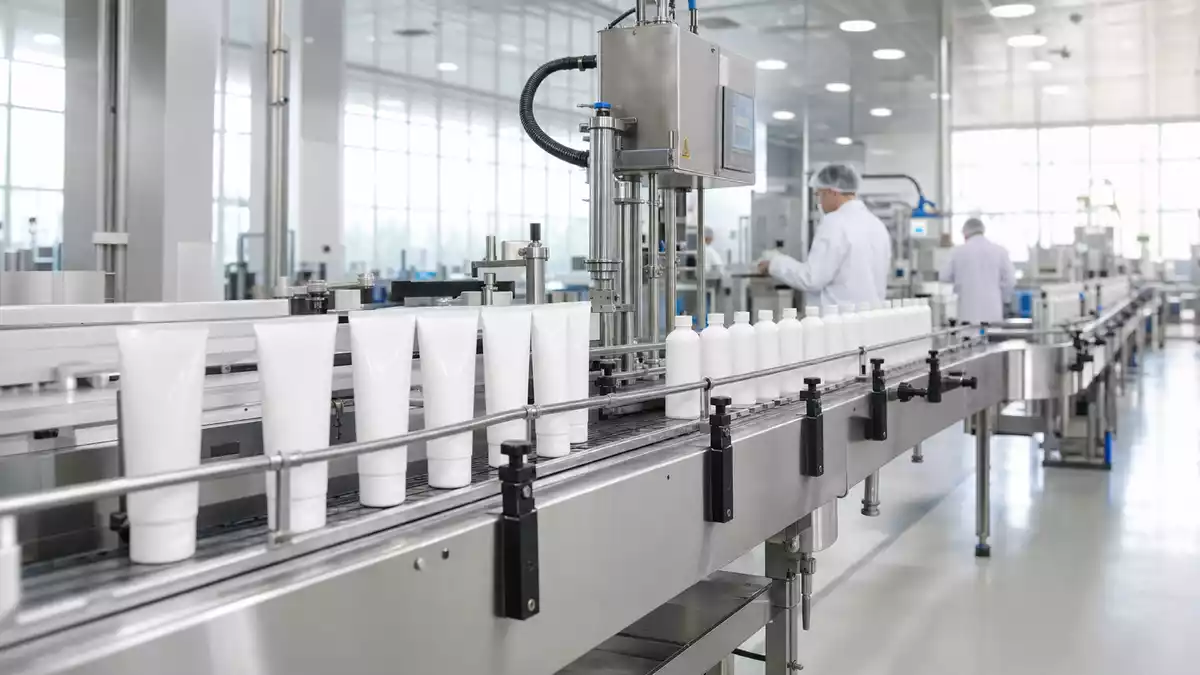 Fotorealistische Aufnahme einer modernen Konsumgüter-Verpackungslinie in heller Fabrikhalle