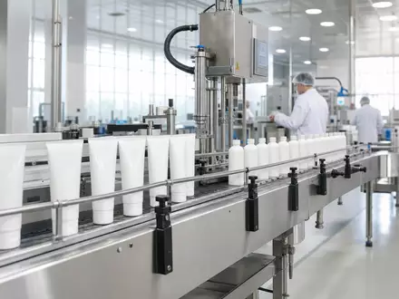 Fotorealistische moderne Konsumgüterfabrik mit Verpackungslinie symbolisiert Körperpflegeproduktion des Unternehmens Kenvue mit ISIN US49177J1025 - Foto: THN