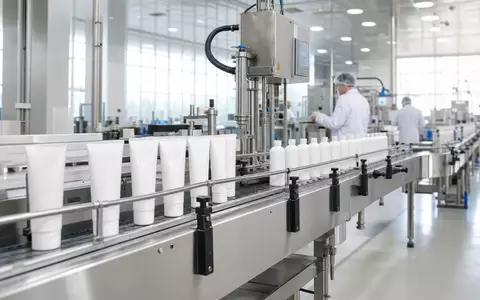 Fotorealistische moderne Konsumgüterfabrik mit Verpackungslinie symbolisiert Körperpflegeproduktion des Unternehmens Kenvue mit ISIN US49177J1025 - Foto: THN