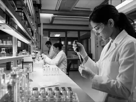 Schwarz-Weiß-Reportage eines Labors mit Wissenschaftlern zeigt Forschung und Entwicklung bei Kenvue US49177J1025 - Foto: THN
