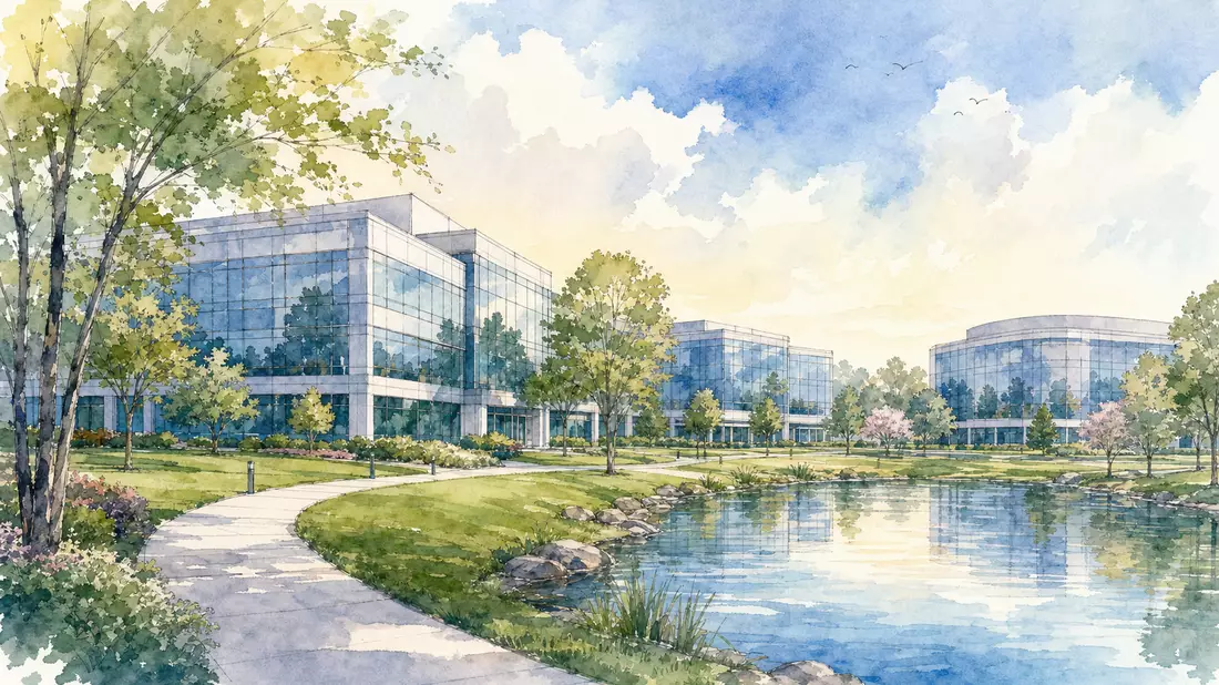 Aquarell-Panorama eines modernen Bürocampus mit Bäumen und weitem Himmel