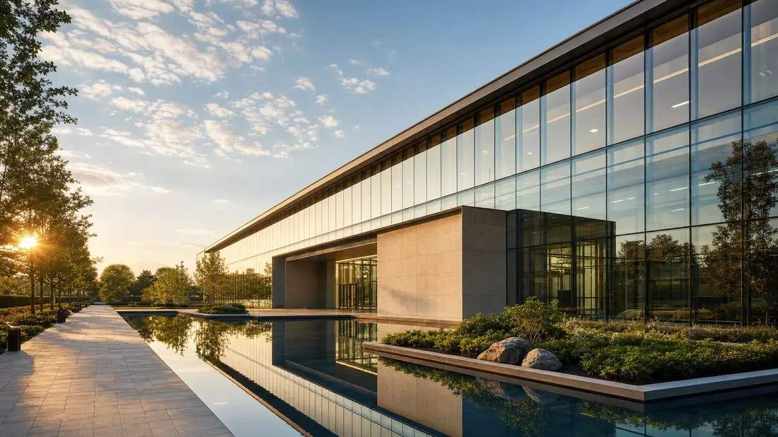 Photorealistisches Architektur-Render eines gläsernen Bürogebäudes bei Sonnenuntergang