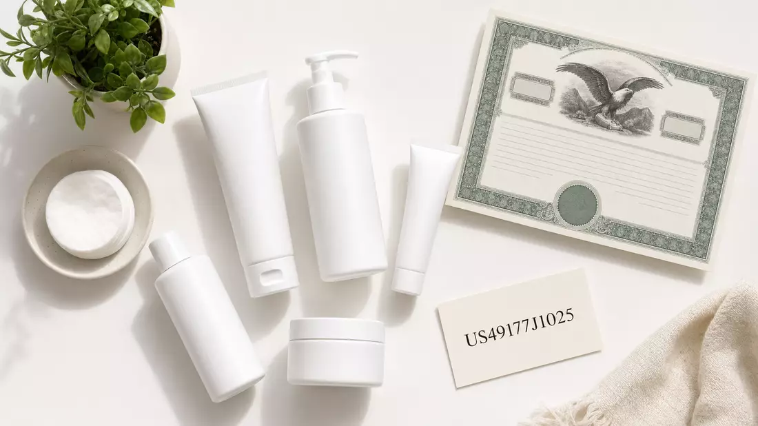 Draufsicht-Flatlay mit unbeschrifteten Cremetuben, Aktienzertifikat und ISIN-Karte