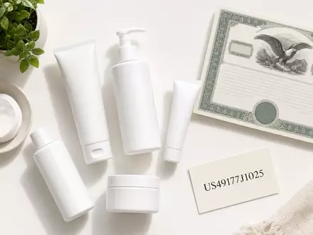 Flatlay mit unbeschrifteten Körperpflegeprodukten und Aktienzertifikat zeigt das Konsumgütersortiment von Kenvue neben ISIN-Karte US49177J1025 - Foto: THN