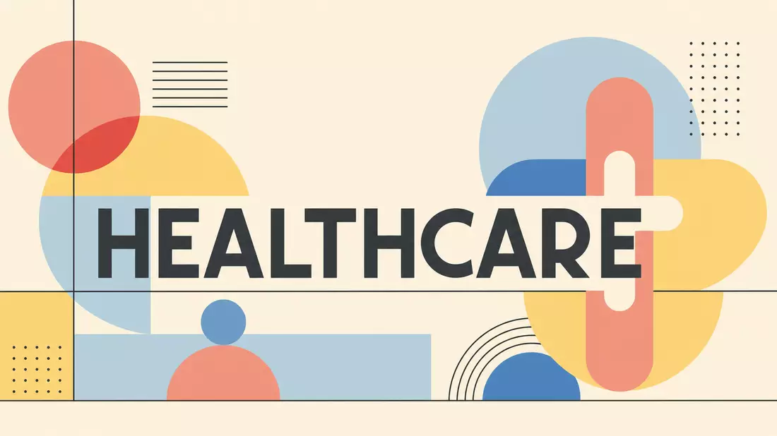 Bauhaus-Grafikposter mit HEALTHCARE-Schrift und geometrischen Kreisformen