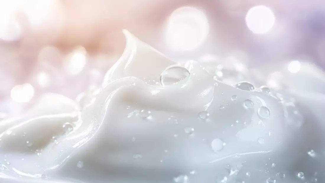 Makro-Aufnahme glänzender Cremetextur mit Wassertropfen vor weichem Hintergrund