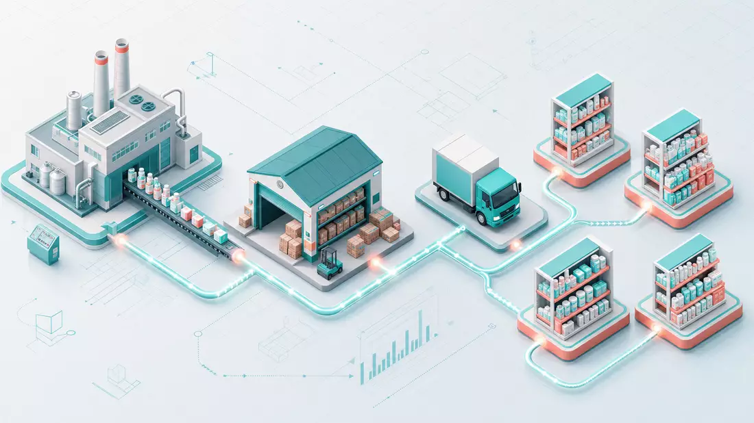Isometrische 3D-Illustration einer Konsumgüter-Lieferkette mit Fabrik und Lager