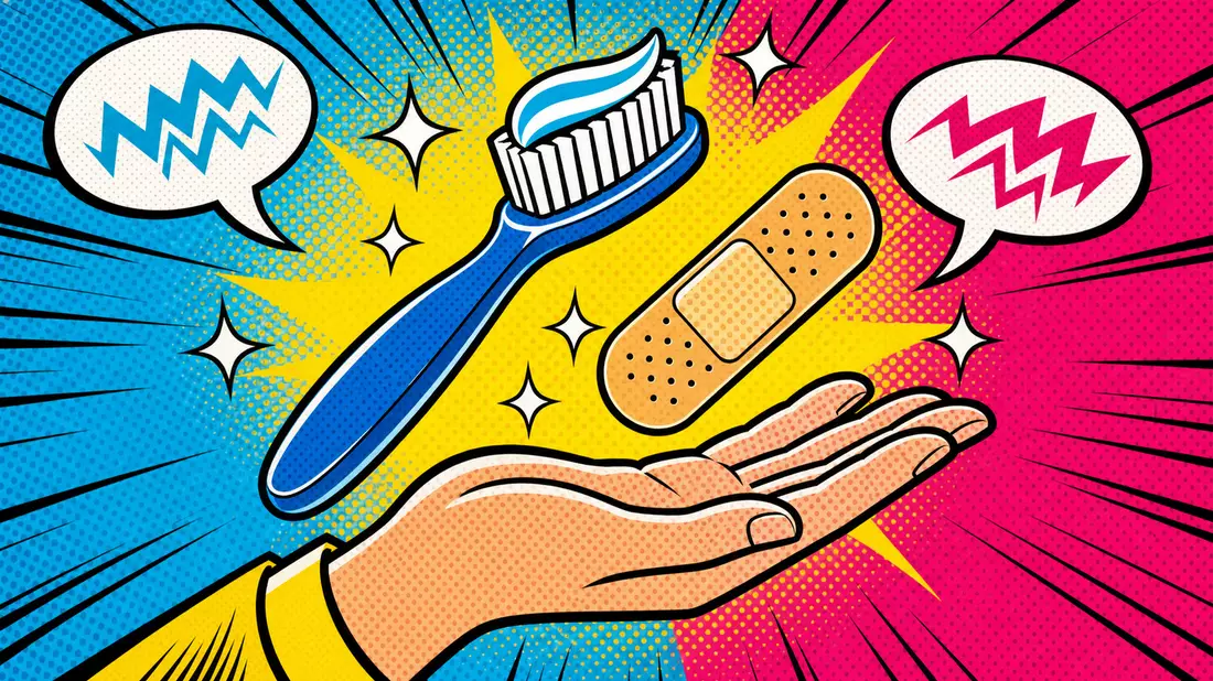 Lichtenstein-Pop-Art-Illustration einer Zahnbürste und Bandage mit bunten Sprechblasen