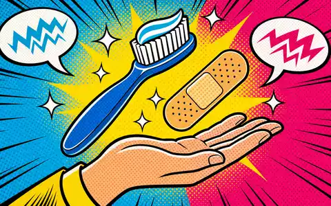 Pop-Art-Comic mit stilisierter Zahnbürste und Bandage symbolisiert die Körperpflegeprodukte des Unternehmens Kenvue mit ISIN US49177J1025 - Foto: THN