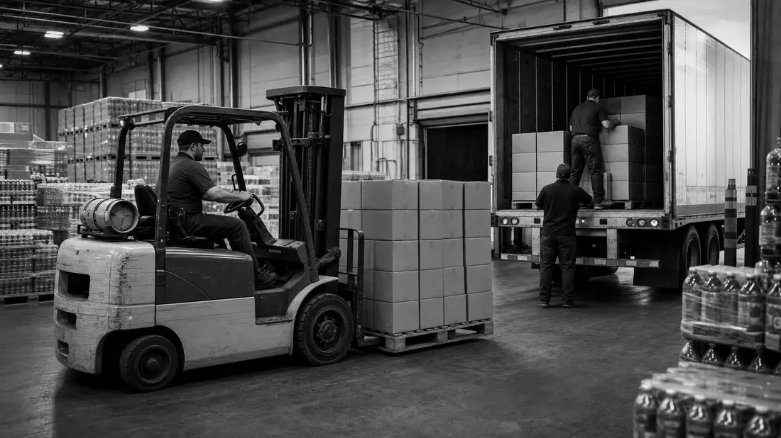 Schwarzweiß-Dokumentarfoto eines Gabelstaplers beim Beladen eines Lkw im Getränkelager