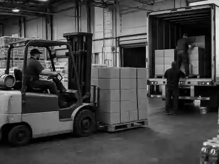 Schwarzweiß-Reportage dokumentiert Logistikbetrieb von Keurig Dr Pepper (ISIN US49271V1008) mit Gabelstapler und Lkw-Beladung im Getränkelager - Foto: THN