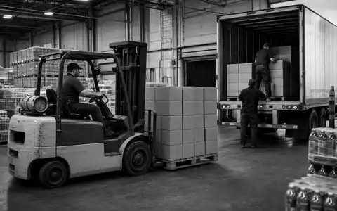 Schwarzweiß-Reportage dokumentiert Logistikbetrieb von Keurig Dr Pepper (ISIN US49271V1008) mit Gabelstapler und Lkw-Beladung im Getränkelager - Foto: THN