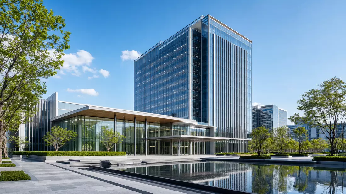 Architektur-Visualisierung einer modernen Glas-Firmenzentrale mit Wasserbecken und Grünanlage