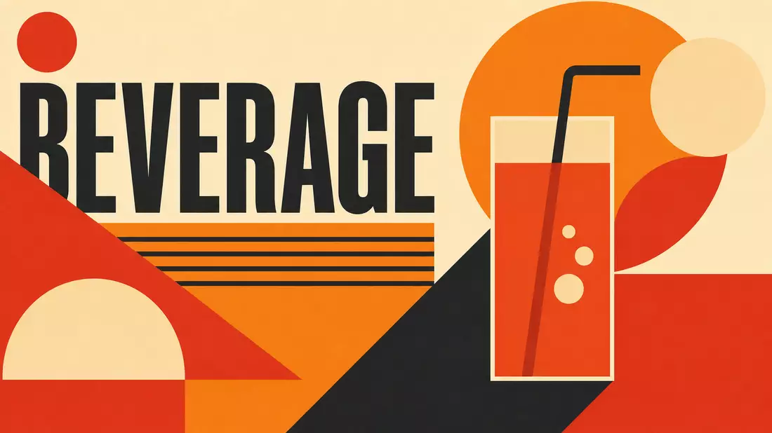 Geometrisches Bauhaus-Poster in Rot-Orange mit stilisiertem Getränkeglas und Schriftzug BEVERAGE