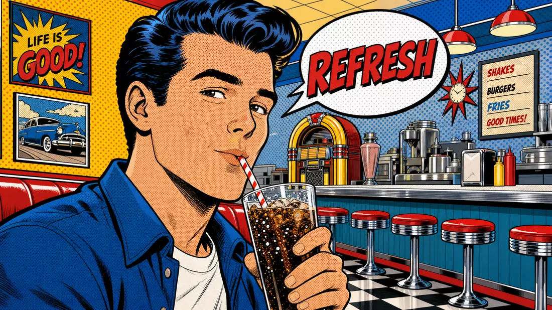 Pop-Art-Comic zeigt Person mit Erfrischungsgetränk in einem retro amerikanischen Diner