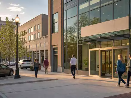 KeyCorp mit ISIN US4932671088 betreibt Bankfilialen in amerikanischen Innenstädten mit modernen Glasfassaden und Kundenverkehr - Foto: THN
