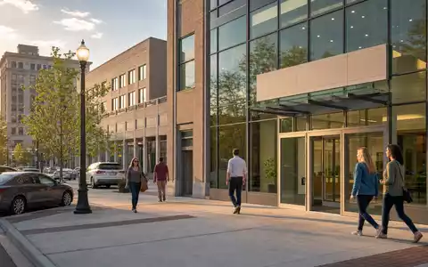 KeyCorp mit ISIN US4932671088 betreibt Bankfilialen in amerikanischen Innenstädten mit modernen Glasfassaden und Kundenverkehr - Foto: THN
