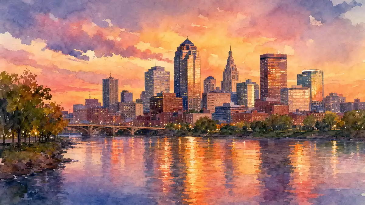 Aquarellmalerei einer amerikanischen Stadtskyline bei Sonnenuntergang am Fluss