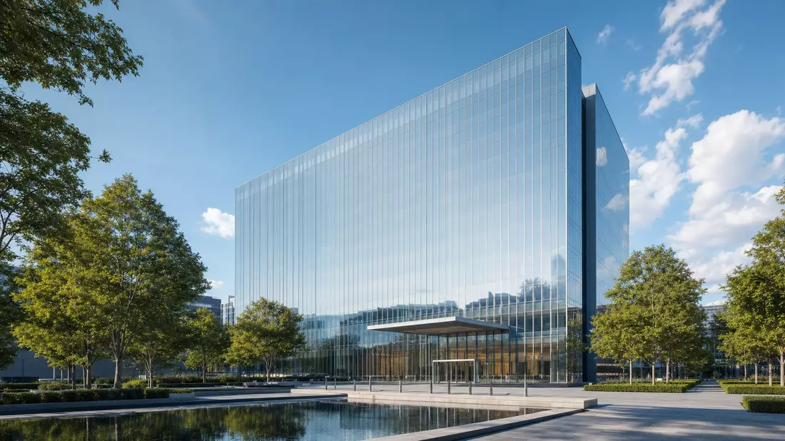 Architektonischer Render eines modernen unbeschrifteten Glashochhauses mit Wasserbecken