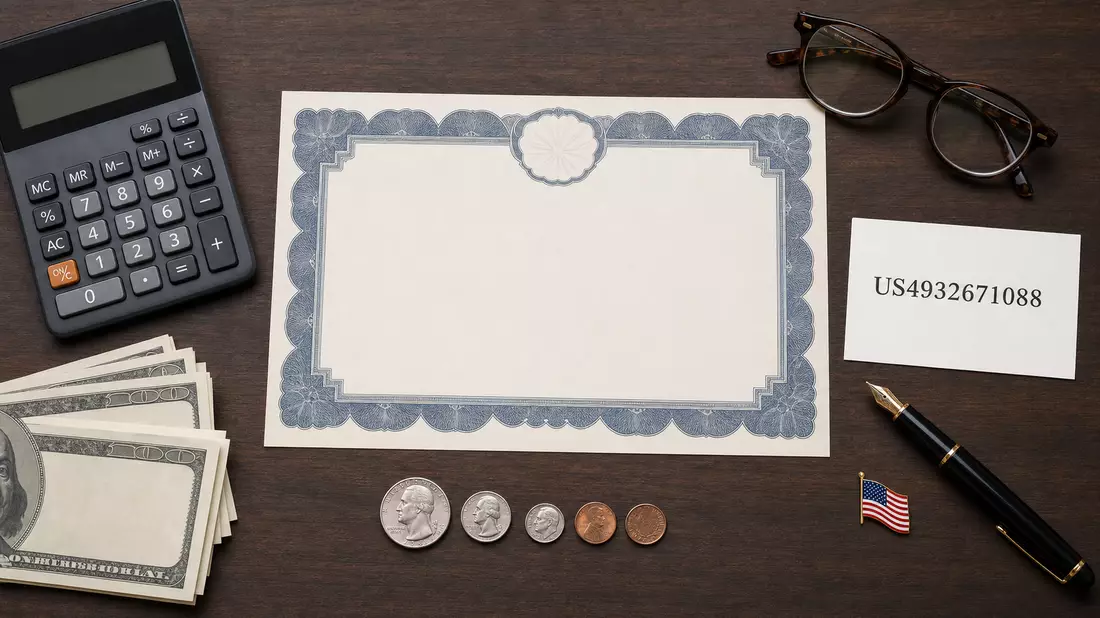 Flatlay mit Aktienzertifikat, ISIN-Karte, Bargeld, Münzen und Schreibutensilien auf Holztisch