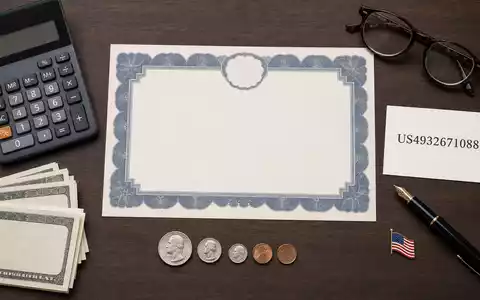 KeyCorp mit ISIN US4932671088 symbolisiert dieses Flatlay mit Aktienzertifikat, ISIN-Karte, Bargeld und klassischen Büroutensilien - Foto: THN