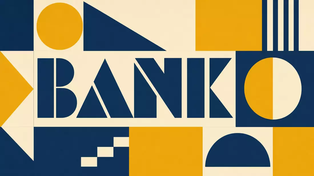 Geometrisches Bauhaus-Poster in Blau und Gelb mit dem Schriftzug BANK