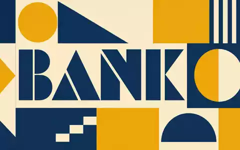 KeyCorp mit ISIN US4932671088 gehört zur Bankbranche, visualisiert als geometrisches Bauhaus-Poster mit dem Wort BANK - Foto: THN