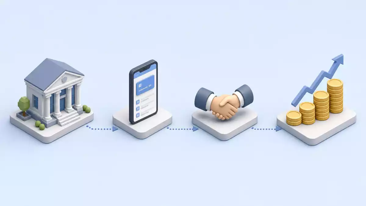 Isometrische 3D-Illustration einer Bank-Wertschöpfungskette von Filiale bis Wachstum
