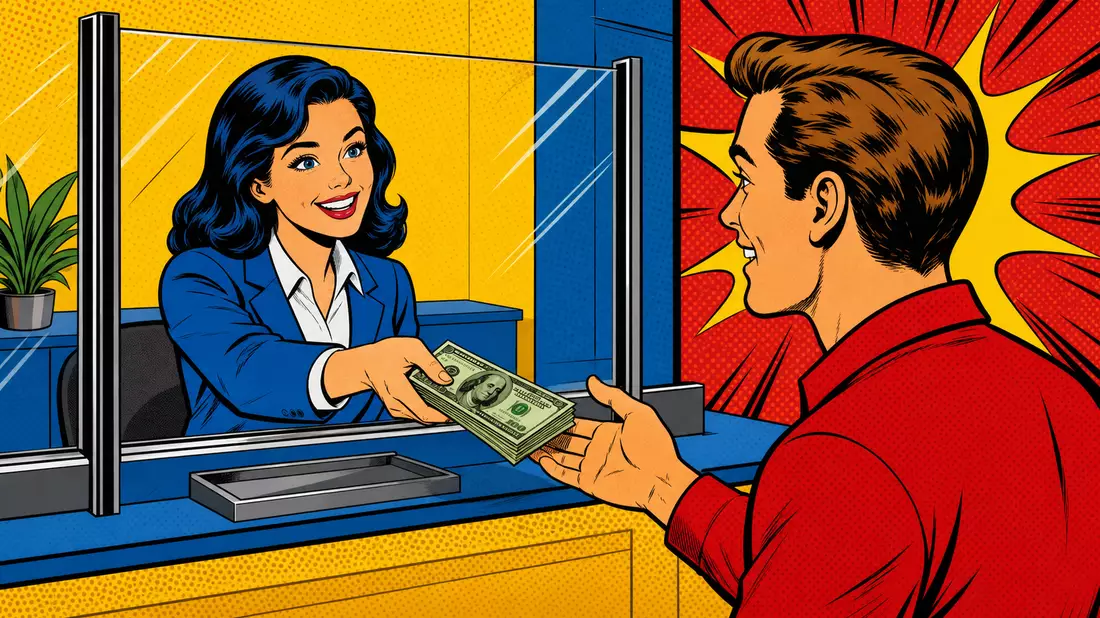Pop-Art-Comic-Illustration einer freundlichen Bankangestellten am Schalter mit Kunde