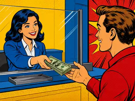 KeyCorp mit ISIN US4932671088 wird hier als farbenfrohe Pop-Art-Comic-Szene am Bankschalter humorvoll inszeniert - Foto: THN