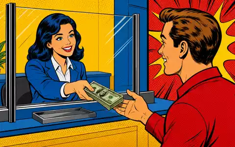 KeyCorp mit ISIN US4932671088 wird hier als farbenfrohe Pop-Art-Comic-Szene am Bankschalter humorvoll inszeniert - Foto: THN