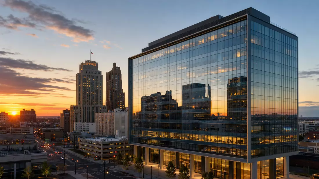 Glasfassaden-Bürohochhaus in Newark im warmen Abendlicht, Finanzdistrikt-Skyline im Hintergrund