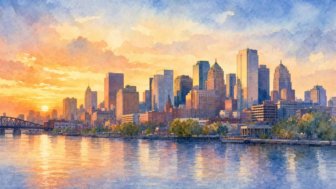 Aquarellmalerei der Newark-Skyline mit Fluss und warmen Sonnenaufgangsfarben