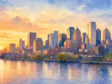 Prudential Financial US7443201022 wird als sanftes Aquarell der Newark-Skyline am ruhigen Flussufer dargestellt - Foto: THN