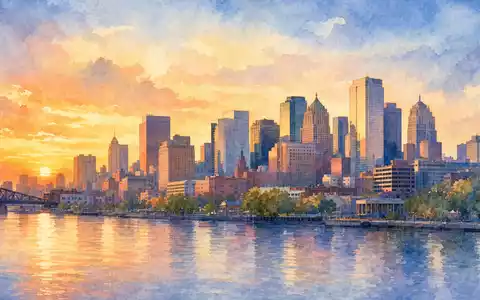 Prudential Financial US7443201022 wird als sanftes Aquarell der Newark-Skyline am ruhigen Flussufer dargestellt - Foto: THN