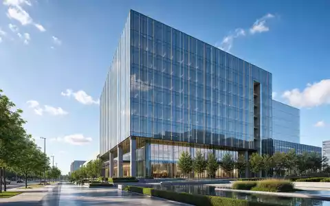 Prudential Financial US7443201022 präsentiert einen modernen Architektur-Render eines gläsernen Finanzdienstleister-Hauptsitzes mit begrünter Vorplatzgestaltung - Foto: THN