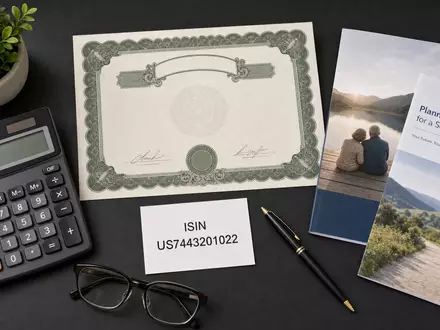 Prudential Financial US7443201022 zeigt ein stilvolles Flatlay mit Aktienzertifikat, ISIN-Karte und Altersvorsorge-Broschüren - Foto: THN