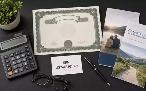Prudential Financial US7443201022 zeigt ein stilvolles Flatlay mit Aktienzertifikat, ISIN-Karte und Altersvorsorge-Broschüren - Foto: THN