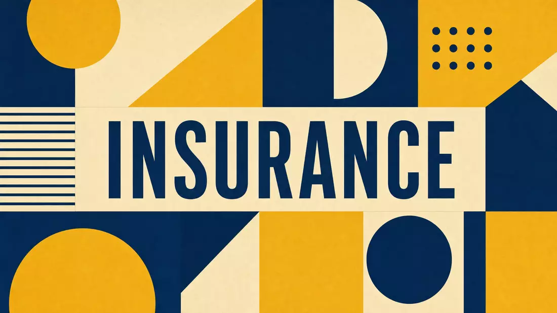 Geometrisches Bauhaus-Poster in Blau, Gelb und Creme mit dem Wort INSURANCE