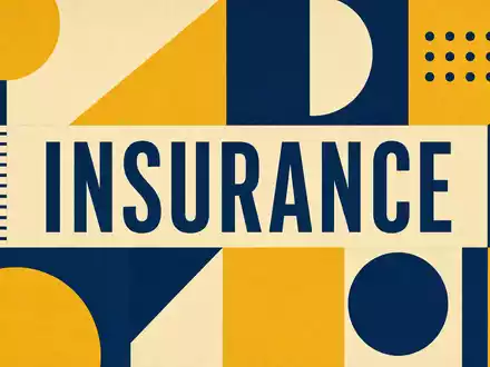 Prudential Financial US7443201022 inspiriert ein geometrisches Bauhaus-Poster in Blau und Gelb mit Sektor-Text INSURANCE - Foto: THN