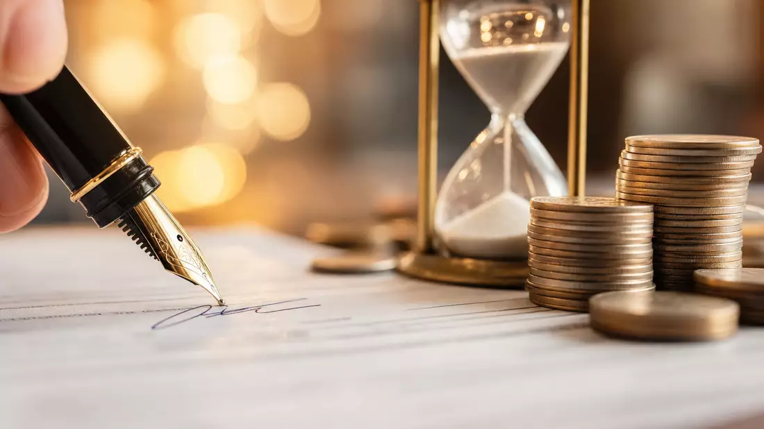 Makroaufnahme einer Füllfederunterschrift auf Papier neben Münzstapeln und einer Sanduhr