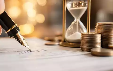 Prudential Financial US7443201022 illustriert makrofotografisch eine handschriftliche Vertragsunterschrift neben Münzstapeln und einer goldenen Sanduhr - Foto: THN