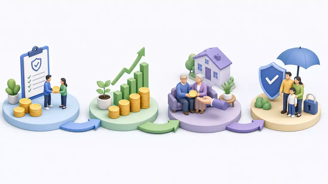 Isometrische 3D-Grafik zur Wertschöpfungskette von Versicherung, Sparen und Rentenauszahlung