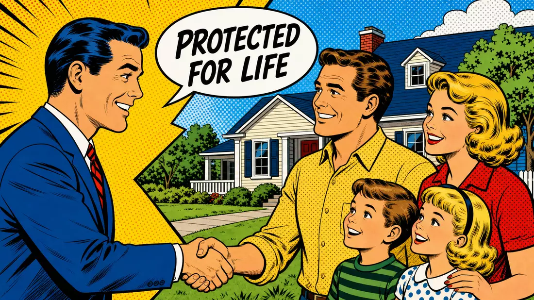 Pop-Art-Comic mit Versicherungsvertreter, der einer glücklichen Familie vor Haus die Hand schüttelt