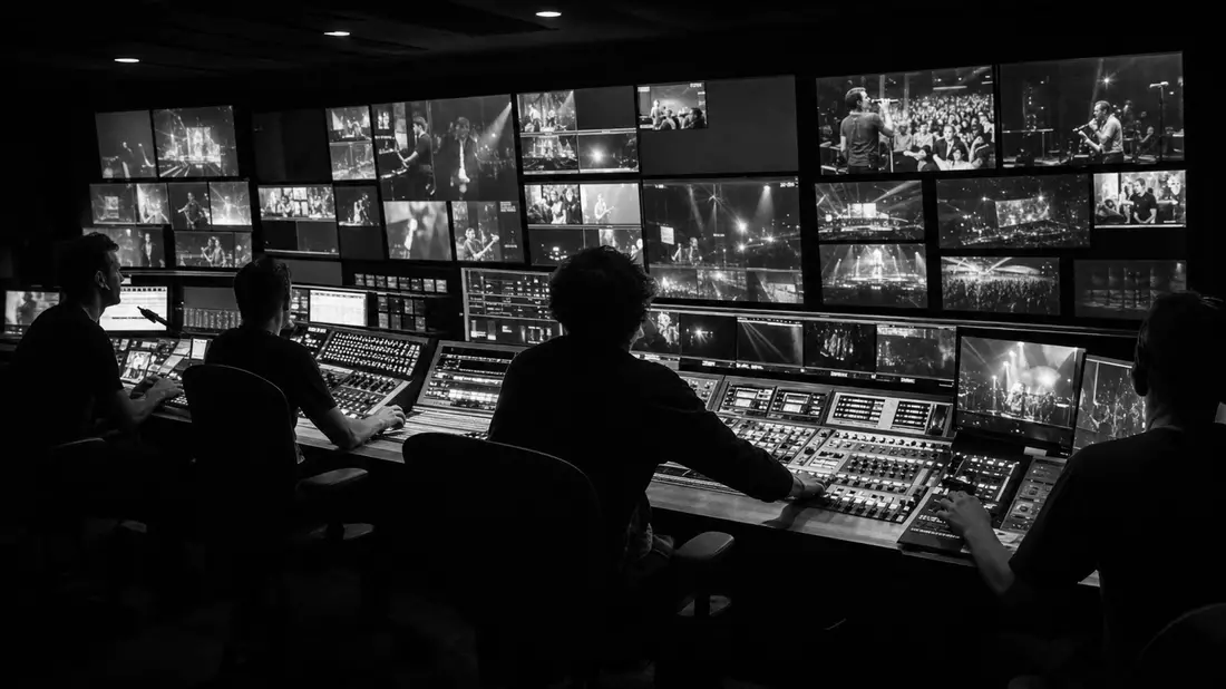 Schwarzweiß-Reportagefoto eines Regieraums mit Monitorwand und Technikern am Sendepult
