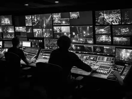 ProSiebenSat.1 Media DE000PSM7770 dokumentiert einen Regieraum mit Monitorwand und Technikern in dramatischer Schwarzweiß-Reportage - Foto: THN