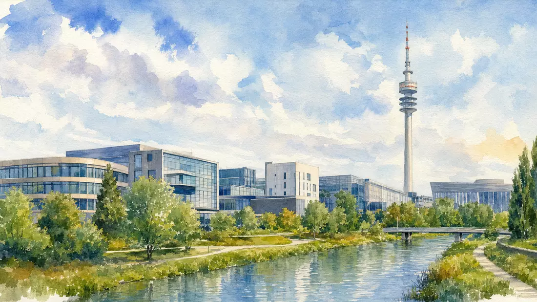 Aquarellmalerei eines Mediencampus bei München Unterföhring mit hohem Sendemast