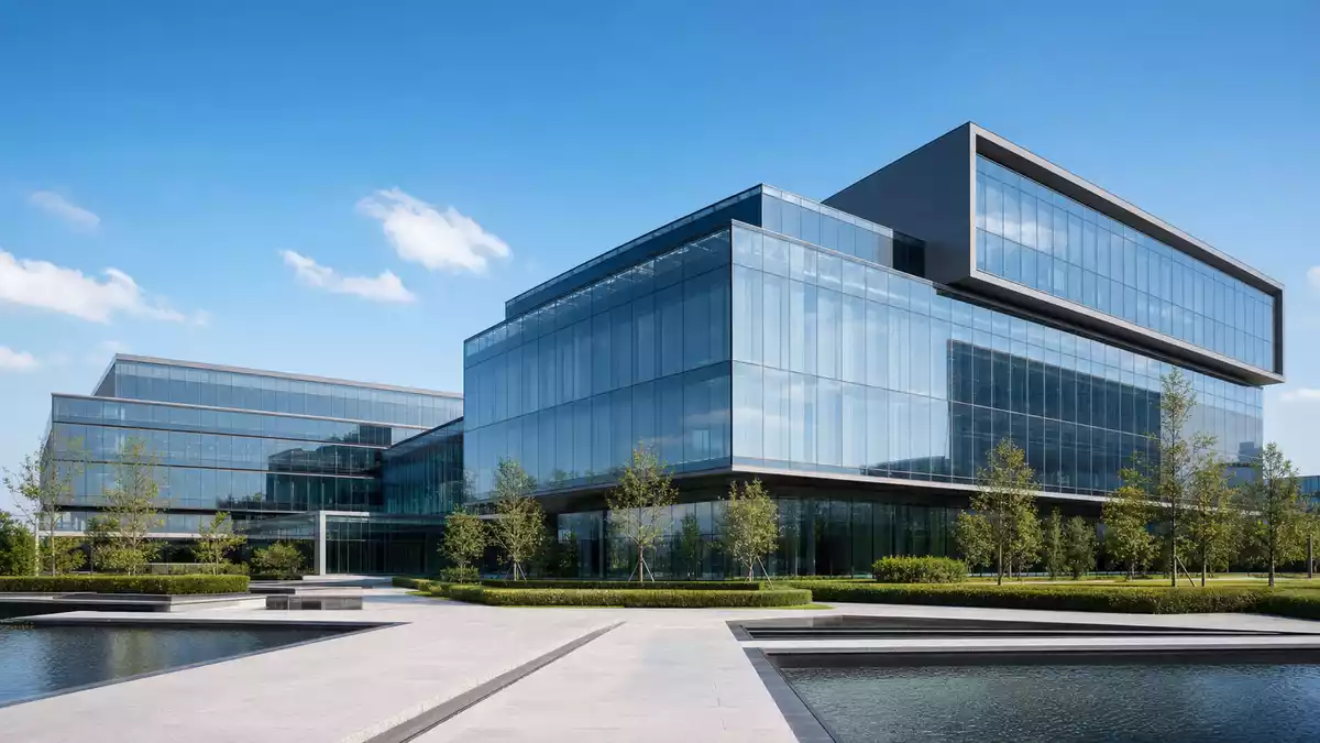 Architektur-Render einer modernen Glas-Firmenzentrale mit Wasserbecken und Grünflächen
