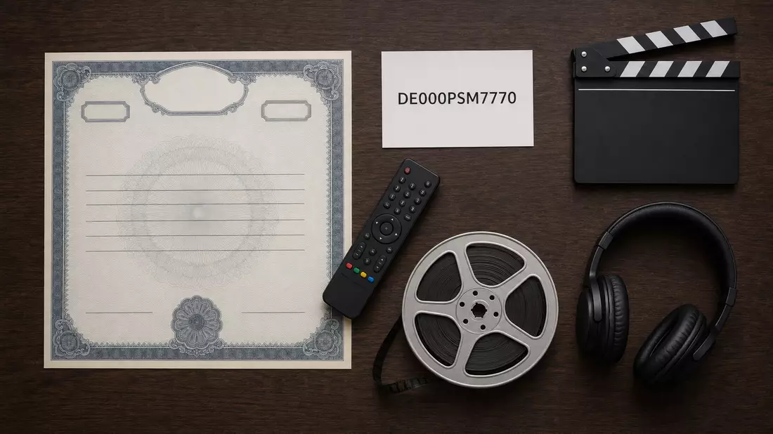 Flatlay mit Aktienzertifikat, ISIN-Karte, Fernbedienung, Filmrolle und Kopfhörern auf Holztisch